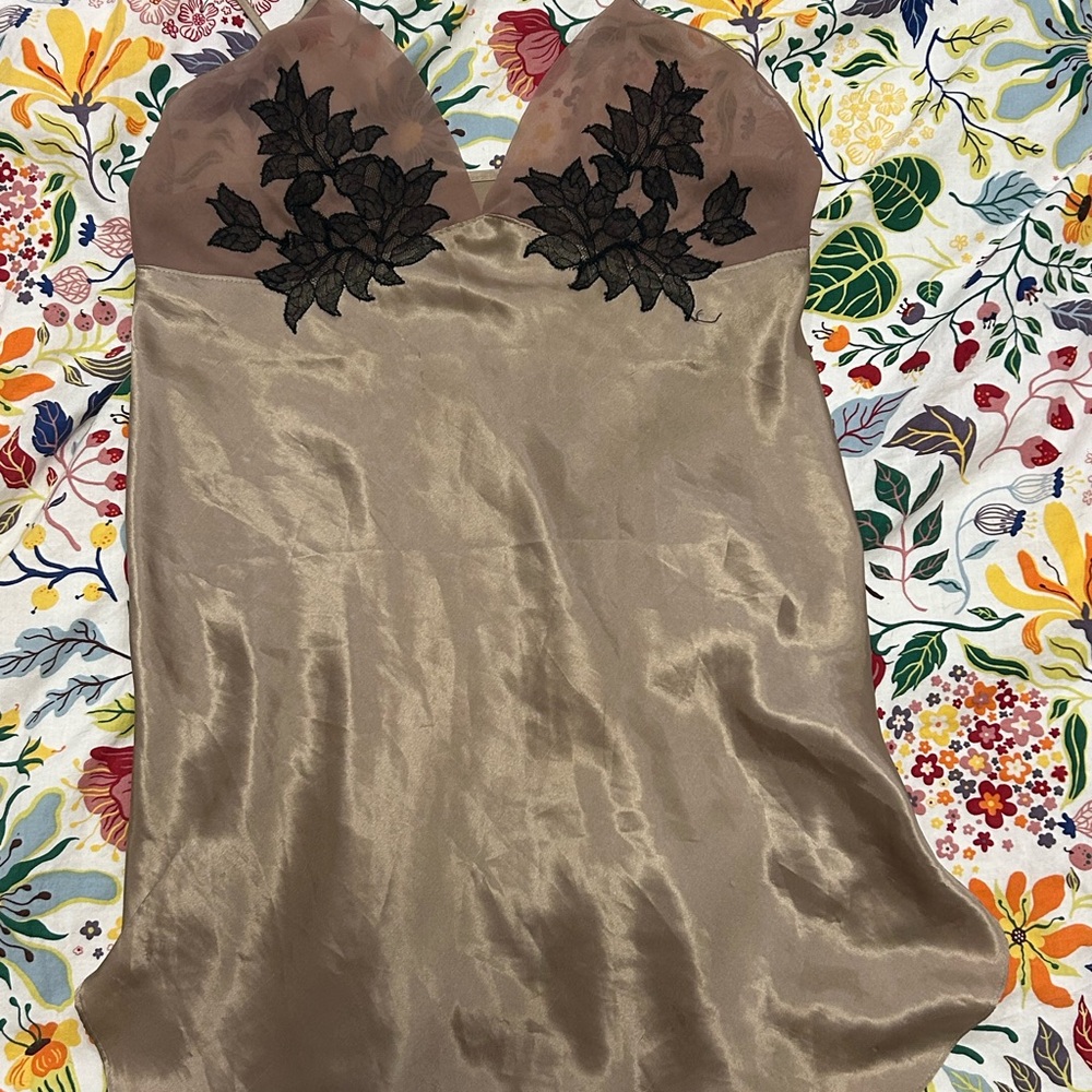 Natori Tan and Black Floral Lace Slip - VINTAGE